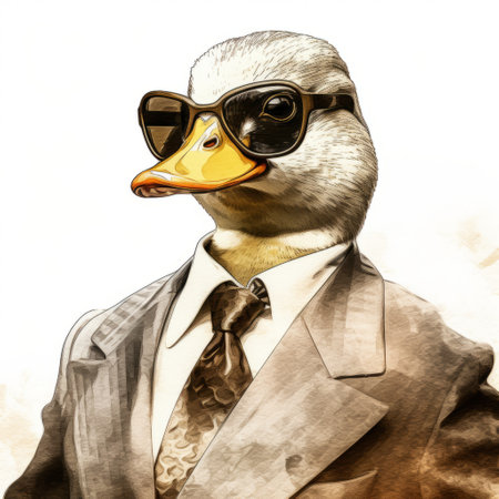 a duck wearing a suit is depicted in this rebranding photo. the image showcases a realistic hyper-detailed portrait of the duck, enhanced with retro filters and aquarellist techniques. influences from artists such as bruno catalano and george lucas can be seen, along with the use of high dynamic range and fashion illustration elements. ai generatedの素材