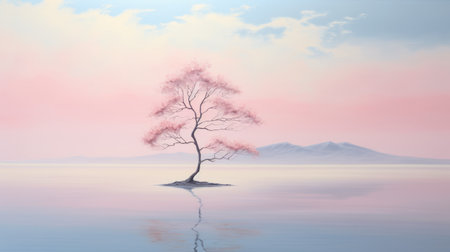 a lone tree gracefully emerges from the calm waters of a lake, reminiscent of a romantic illustration. the soft hues of light pink and light blue create a serene and peaceful ambiance. this artwork showcases a blend of traditional japanese artistic techniques, incorporating natural symbolism and a touch of soft realism. ai generatedの素材