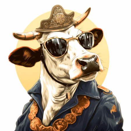 a cow wearing a vibrant and eye-catching outfit stands out in this photo. the outfit is designed in the style of realistic portraits, with elements of dieselpunk, navy and bronze colors. the image has an editorial illustration feel, enhanced by a solarizing master effect and multiple filter effects. the overall result is a caricature-like illustration of the dressed-up cow. ai generatedの素材