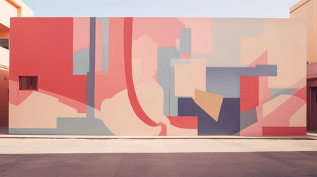 a painted wall on the side of a building showcases an interesting display of minimalist and abstract shapes. the artwork, inspired by james gilleard, features soft color fields reminiscent of phoenician art. influences from elaine de kooning can also be seen in the interactive nature of the rectangular fields. ai generatedの素材