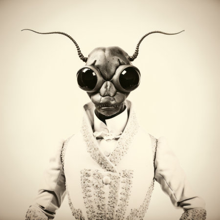 a geisha portrait of an insect wearing a white wig, captured in the whimsical cyborg style of solarization. this sepia-toned photograph showcases the eclectic curatorial style reminiscent of national geographic. the geisha insect exudes a dignified pose, blending elements of both traditional and corporate punk aesthetics. ai generatedの素材