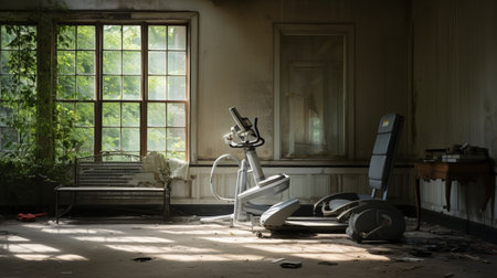 an empty room with chairs and a gym equipment, showcasing a decayed and nostalgic rural life aesthetic. the photo is backlit, capturing the essence of minimalistic serenity. the scene features destroyed gadgets sculptures, adding a touch of luxury to the overall composition. ai generatedの素材