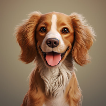 an animated dog with its ears up is depicted in this realistic portrait-style painting. the color palette consists of light maroon and orange, creating a visually striking image. with a resolution of 32k uhd, the detailed character illustrations showcase the artist's mastery of lettering and attention to detail. the dog's coat is predominantly light brown and white, and the overall composition adheres to classical proportions.の素材