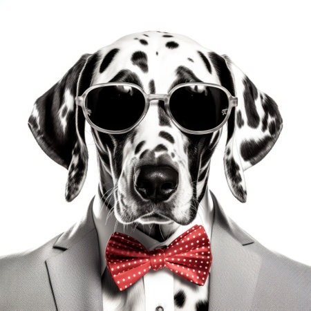 a dog wearing a suit, sunglasses, and a bow tie poses for a realistic portrait. the light silver and red colors create a playful atmosphere with a touch of polka dot madness. captured in black-and-white with an iso of 200, this portrait combines celebrity and pop culture references with a unique stonepunk aesthetic. ai generatedの素材