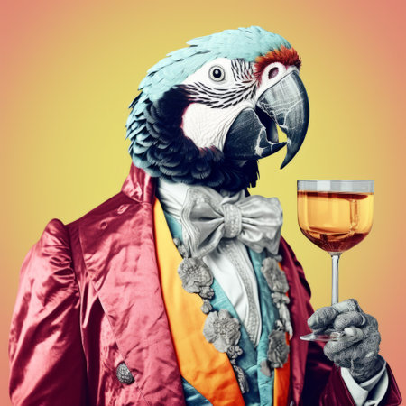 a parrot, in an avant-garde portraiture style, holds a glass of wine. the detailed costumes and sabattier filter create a mashup of styles, blending elements from the 18th century with a pop-culture-infused twist. the parrot's appearance is handsome and captivating. ai generatedの素材