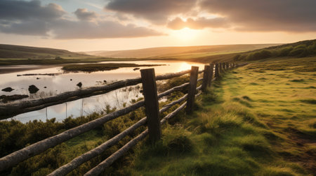 a wood fence stands amidst a lush field of grass, reminiscent of traditional british landscapes. this captivating photo captures the essence of romantic riverscapes and atmospheric seascapes, reminiscent of national geographic's stunning photography. the sparkling water reflections and the smooth, curved lines of the fence add to the overall charm. the richly colored skies provide a breathtaking backdrop to this picturesque scene. ai generatedの素材