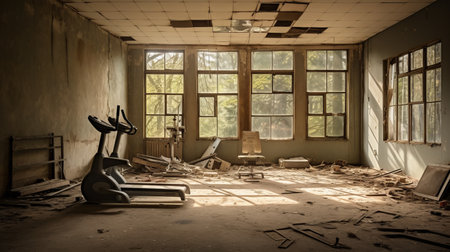 an old gym with a wooden floor surrounded by concrete, resembling post-apocalyptic ruins. the solarizing master captures the essence of medicalcore and poignant aesthetics. the green academia theme adds a touch of vibrancy to the scene, while the exacting precision of the backlight enhances the overall atmosphere. ai generatedの素材