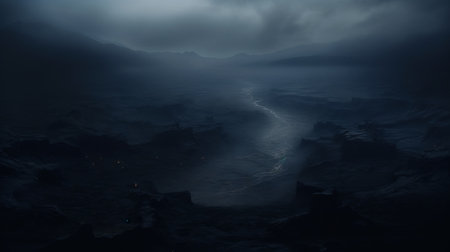 aerial view of the misty colorado canyon, surrounded by a dark and mysterious atmosphere. the vast expanse of black sand beneath a dark sky creates an eerie ambiance, adding to the enigmatic beauty of the scene. ai generatedの素材