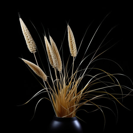 a grain of wheat with thorns is showcased in a vase on a black background, capturing the essence of exotic flora and fauna. this matte photo features contemporary animal sculptures, delicately rendered landscapes, and symmetrical arrangements. the high-quality image beautifully captures the flowing forms and intricate details. ai generatedの素材