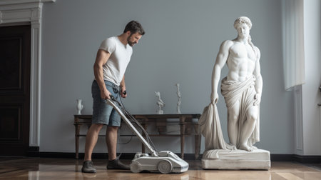 young men cleaning floor with a vacuum next to a statue, showcasing functional aesthetics and neo-classical symmetry. this photo, in the style of classic portraiture, captures the essence of helene knoop's artistic vision. with influences from rollerwave and mons desiderio, it offers a thought-provoking critique of consumer culture. ai generatedの素材