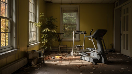 abandoned gym showcasing a haunting scene of a deceased woman seen through a window. this eerie photograph captures the essence of manapunk and southern countryside aesthetics, with its light yellow and light bronze tones. the image combines elements of moody still lifes, nature-inspired imagery, destroyed gadget sculptures, and documentary photography. ai generatedの素材