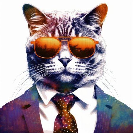 a cartoon cat with sunglasses is depicted in a realistic style, wearing a suit and tie. the artwork incorporates impressionistic colors, multiple exposure, and saturated color effects. inspired by tivadar csontvry kosztka's style, this piece showcases realistic animal portraits. the cat stands out against a white background, making it perfect for a poster. ai generatedの素材