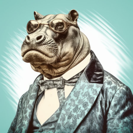 a painting of a hippo, inspired by a scientist's photo, showcases a unique concept. the artist's retro filters and stylized portraiture, reminiscent of thomas nast, create an elegantly formal composition. the use of light brown and cyan hues adds depth, while the detailed costumes reflect a 19th-century style. ai generatedの素材