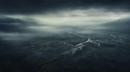 aerial view of the misty colorado marsh, surrounded by a dark and mysterious ambiance. the vast expanse of black mist blankets the landscape, while the ground is adorned with dark, black sand, intensifying the eerie atmosphere. ai generatedの素材