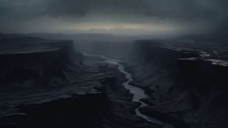 aerial view of misty colorado canyon, shrouded in dark mist and surrounded by a vast expanse. the eerie atmosphere is intensified by the black sand covering the ground, while the dark sky adds to the mysterious ambiance. ai generatedの素材