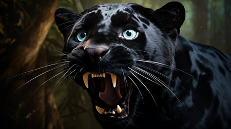 a powerful jaguar, rendered in a realistic and dark black style using daz3d, prowls through the jungle with its claws out. the jaguar's strong facial expression and punctuated caricature add to its fierce presence. this captivating image, captured on flickr, showcases the jaguar's dark black coat contrasting beautifully with hints of azure. ai generatedの素材