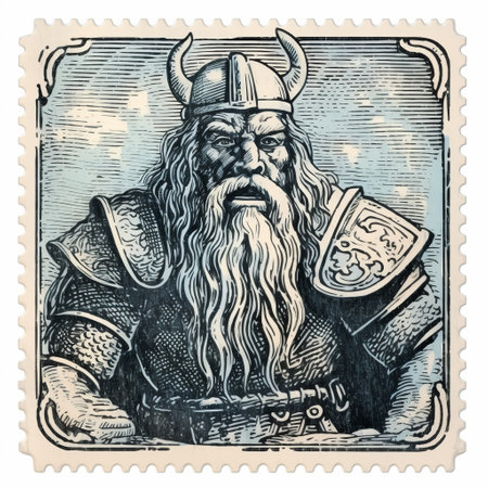 a viking is depicted on a postage stamp of valhalla, sweden. the artwork showcases a detailed miniature in the style of matte photo, comic art, and graflex speed graphic. the viking's strong facial expression is captured in dark indigo and light beige, creating a captivating illustration. ai generatedの素材