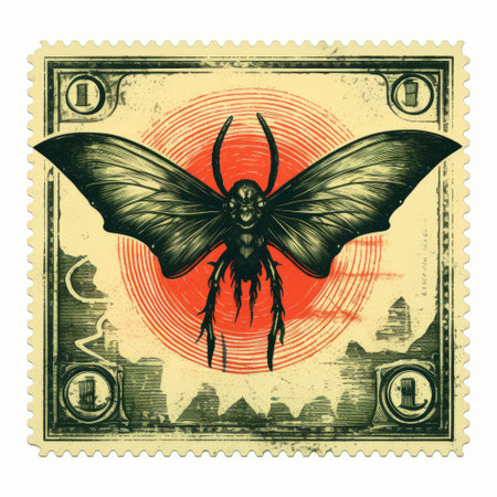 the postage stamp features a surrealistic dystopian scene resembling a spider moth soaring through the sky. it draws inspiration from various artistic styles such as giant money sculptures, mid-century illustration, and southern gothic. captured with the sony alpha a1, the stamp showcases a striking combination of light yellow and dark crimson hues, reminiscent of tattoo-inspired designs. ai generatedの素材