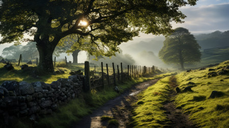 a mesmerizing uhd image captured by national geographic, showcasing a country road enveloped by mystical creatures and landscapes. the traditional british scenery is enhanced by the ethereal mist and backlit photography, creating a captivating atmosphere. this stunning photo, rendered with vray tracing, immerses viewers in a world of enchantment and natural beauty. ai generatedの素材