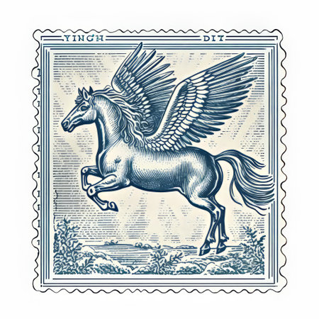 an old postage stamp showcases a stylized image of a giant horse in red and white. the design resembles the artistic styles of michael parkes, lucas cranach the younger, and 19th-century american art. the delicate etchings and digitally enhanced details add to the charm of this vintage stamp. ai generatedの素材