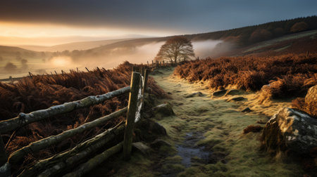 a hilly landscape photography capturing the beauty of mountain landscapes in the uk. shot in the style of zeiss batis 18mm f2.8, the photo exudes a cold and detached atmosphere. the light bronze and amber tones create an atmospheric woodland imagery, enhanced by mist and richly colored skies. the result is a collection of romanticized views that showcase the stunning beauty of the uk's naturalの素材