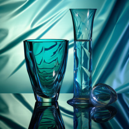 glass jar and crystal vase, in dark cyan and emerald hues, create an optical abstraction against a glass surface. this high dynamic range photograph by svetlin velinov captures everyday objects with a touch of luxury, enhanced by the light azure drapery. ai generatedの素材