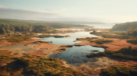 aerial view of a serene lake surrounded by lush grasslands. this realistic landscape, captured by a drone, showcases soft tonal colors and a warm color palette. the image has a surreal and dreamlike quality, reminiscent of lively coastal landscapes. rendered in cinema4d, the mist adds an ethereal touch to the scene. ai generatedの素材