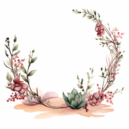 a watercolor floral wreath illustration featuring a light maroon and pink color palette. this nature-inspired artwork showcases decorative borders and uses earth tones to create an asymmetrical balance. the coastal scenery adds a touch of serenity to this contest-winning piece. ai generatedの素材