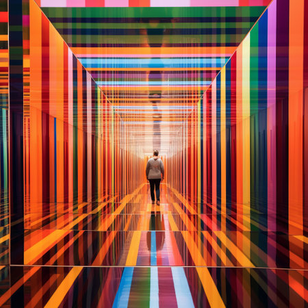 an architectural exhibition showcasing life-sized installations with bold colors and patterns. the photo, taken with a nikon d750, captures multicolored lines and light shining through a wall, reminiscent of mirror rooms. the composition, resembling time-lapse photography, exhibits a figurative colorist style. the vibrant display and intricate details are reminiscent of the leica m10's capabilities. ai generatedの素材