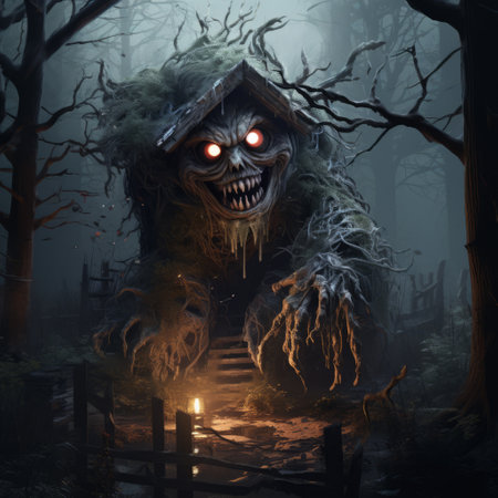 a photo of a red devil standing in the woods near a halloween-themed house. the image showcases a realistic and hyper-detailed rendering, reminiscent of 2d game art. the scene exudes a haunting atmosphere with elements like a death burger, tangled nests, and a touch of frogcore. the photo is captured in high resolution, offering intricate details in 8k. ai generatedの素材