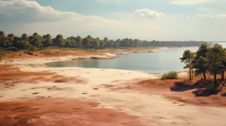 aerial view of a serene wooded beach with a lake, surrounded by lush trees and grass. the image showcases a digitally enhanced, hyper-realistic landscape rendered in the style of unreal engine. the color palette features light crimson and beige tones, evoking a moody and tranquil atmosphere reminiscent of mediterranean landscapes. this captivating scene captures the essence of desertwave aesthetics, with its mesmerizing water and captivatingの素材