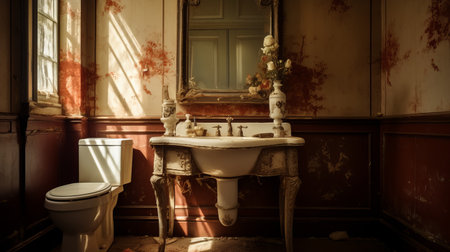 the bathroom scene captures an old and dingy ambiance, reminiscent of tabletop photography. it exudes the artistic style of american tonalist movement, showcasing ornate details. the uhd image is enhanced through post-processing techniques, resulting in a play of light in shades of crimson and amber. the setting evokes a sense of the french countryside. ai generatedの素材