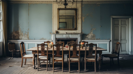 abandoned dining room amidst ruins featuring a traditional color scheme of light blue and dark amber. the edwardian beauty of the space is enhanced by minimalist staging, showcasing the unpolished authenticity of the southern countryside. the vintage minimalism adds a touch of nostalgia to this captivating scene. ai generatedの素材