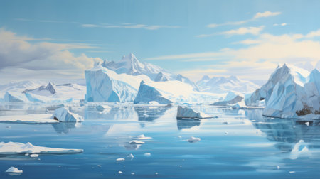 glacial landscape art featuring realistic marine paintings, flat illustrations, realistic oil portraits, scientific illustrations, panoramic scale, post-processing, and historical illustration. perfect for decorating your walls, laptop, or tablet with stunning and diverse artwork inspired by the beauty of glaciers. ai generatedの素材