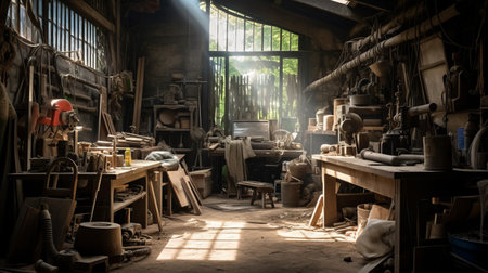 a wooden boat builders workshop captured in stunning uhd image. the earthy naturalism of the scene is enhanced by the sunrays shining upon it. this photo, taken in the style of tokina at-x 11-16mm f2.8 pro dx ii lens, showcases the craftsmanship and beauty of glazed earthenware. the backdrop has a post-apocalyptic feel, reminiscent of hubert robert's art. ai generatedの素材