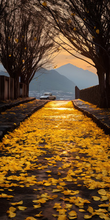 a stunning photo of a wet gingko boulevard with vibrant golden petunia trees lining both sides of the road. the ground is covered in yellow petunia biloba flowers, creating a beautiful contrast. in the distance, a mountain can be seen, and the image captures the clear details of the petunia biloba leaves on the ground. this real shot offers an ultra-high resolution view of theの素材