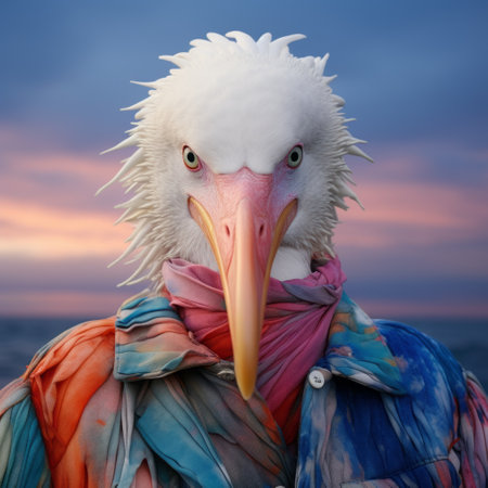 a surreal fashion photograph titled "bird" by jules navi captures the essence of real-life eddie murphy. this 8k 3d image showcases richly colored skies and hyperrealistic marine life. the strong facial expression adds depth to the composition, while focus stacking enhances the overall visual impact. with its unique style and elements of duckcore, this photograph is a captivating blend of art and reality. ai generatedの素材