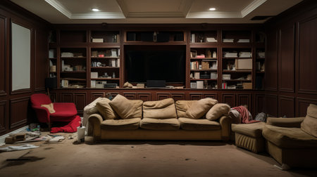 wooden book shelves in the living room, reminiscent of abandoned spaces, showcase a dark beige color. inspired by larry sultan's work, the shelves depict the essence of theater, capturing a messy yet emotionally complex atmosphere. the influence of asher brown durand's art can be seen in the intricate details of the shelves. ai generatedの素材
