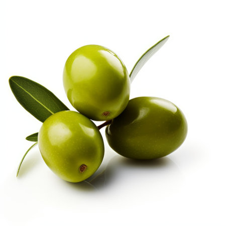 five green olives, captured in the velvia style, rest on a clean white background. this artistic photograph by olivier valsecchi showcases environmental awareness. the image is available under the creative commons attribution license. the olives exhibit a subtle combination of light yellow and dark bronze tones, reminiscent of the works of giotto. ai generatedの素材