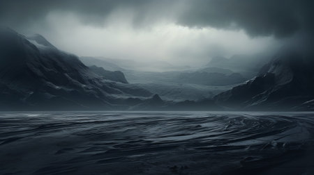 aerial view of a dark, misty sahelian glacier. the expansive landscape is shrouded in a black mist, with a dark sky overhead. the ground is covered in eerie black sand, adding to the mysterious atmosphere. ai generatedの素材