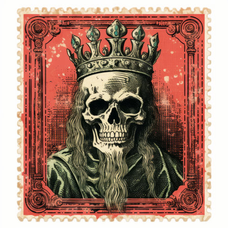 the king postage stamp showcases a macabre illustration of a skull adorned with a crown, reminiscent of nostalgic and golden age illustrations. this victorian-inspired design, with a touch of medievalist aesthetics, is captured in high resolution, making it a captivating piece of kombuchapunk art. ai generatedの素材