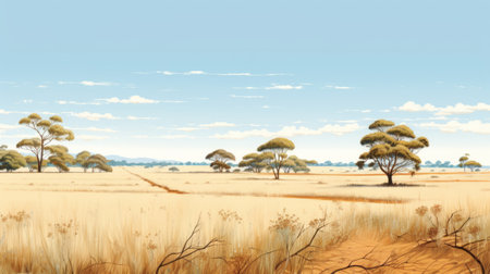 an illustration showcasing the serene beauty of southern africa's prairie landscape, with a touch of dutch landscapes and suffolk coast views. embrace gentle hues, panoramic scale, and a sense of peacefulness with delicate tones of light yellow and light blue. ai generatedの素材