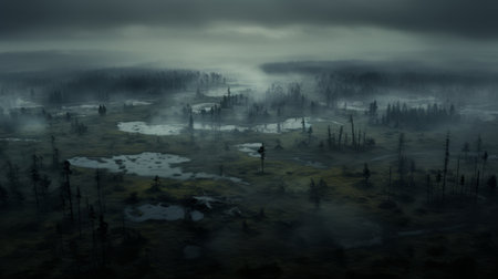 aerial view of the misty gibson swamp, surrounded by a dark and mysterious atmosphere. the vast expanse of black sand is shrouded in a thick layer of mist, creating an eerie ambiance. ai generatedの素材