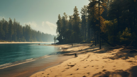 a sandy shore near trees is depicted in this high-quality illustration, inspired by the style of a playstation 5 screenshot and national geographic photo. the image showcases a forestpunk aesthetic with a vancouver school influence, featuring classical landscapes. the color palette includes light cyan and maroon tones, creating a visually captivating scene. ai generatedの素材