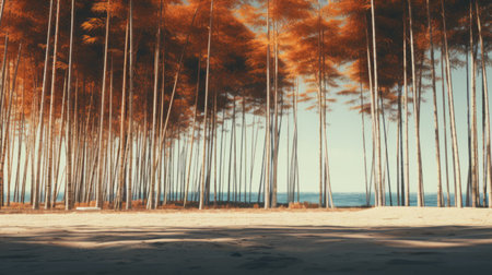 trees growing in the middle of a field create a surreal 3d landscape. the dark orange and light cyan hues add a touch of vibrancy to the coastal scenery. this captivating image showcases the art of ray tracing, highlighting the intricate details of the wood and the calm waters. the sepia tone enhances the overall tranquility of the scene. ai generatedの素材