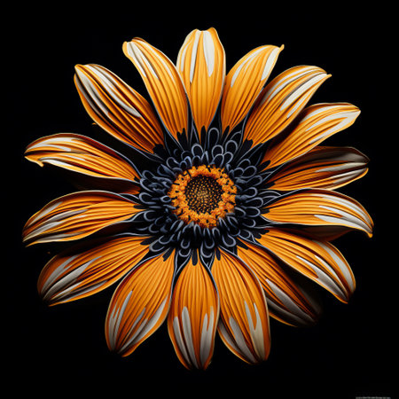 a vibrant orange and bronze flower with its petals beautifully displayed on a black background. this hyperrealistic composition by artists emek golan and marguerite blasingame is a stunning piece of art that showcases intricate body-painting techniques. the uhd image captures the bold lines and vibrant colors, making it a perfect source of inspiration for art enthusiasts. ai generatedの素材