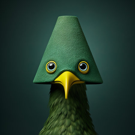 a close-up shot of a green bird figurine lampshade with painted eyes on its head, showcasing the artistic styles of evgeni gordiets, clemens ascher, didier lourenco, concrete, inventive character designs, spiky mounds. ai generatedの素材