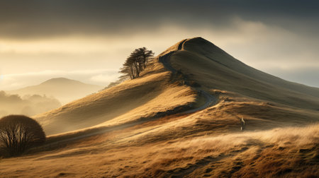 a majestic mountain adorned with thriving trees, reminiscent of traditional british landscapes. the photograph captures the dramatic play of light, casting a warm amber and golden glow. taken with the zeiss batis 18mm f/2.8 lens, it beautifully portrays serene pastoral scenes with organic shapes and curved lines. the image also evokes the lively beauty of coastal landscapes. ai generatedの素材