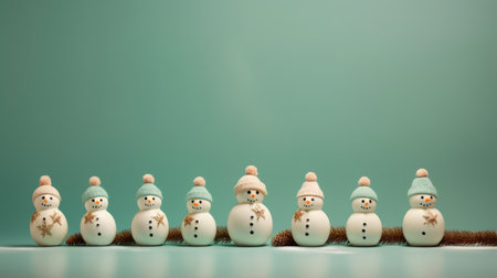 a row of wooden snowmen with hats stands on a dark green surface, creating a cute and dreamy tabletop scene. the isolated background, in light cyan and beige, adds to the pastel-colored aesthetic. the shallow depth of field enhances the focus on the white snowmen, making them the center of attention. ai generatedの素材