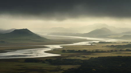 a photo of a river on the slopes, capturing the dark and foreboding style of scottish landscapes. this national geographic photo showcases a serene pastoral scene with light gold and green hues. the atmospheric mood and grandeur of scale add to the captivating beauty of the image. ai generatedの素材